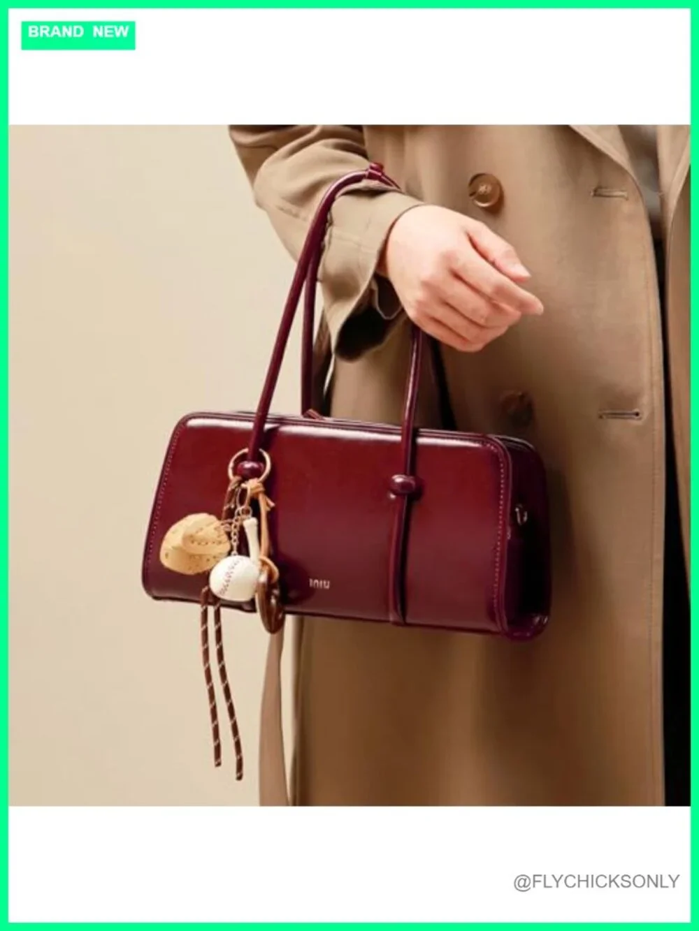 Glossy Faux Leather Top Handle Satchel with Baseball Charm